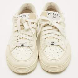 مملوكة مسبقًا Chanel CC Size 37.5 White Perforated Leather Low Top Sneakers