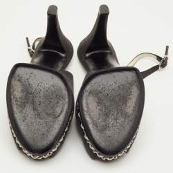 مملوكة مسبقًا صندل شانيل سلايد نعل سميك مزين سلسلة و فتحة كعب جلد أسود مقاس 40.5