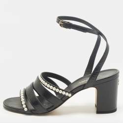 مملوكة مسبقًا Chanel Size 37.5 Black Leather Pearl Embellished Ankle Strap Sandals