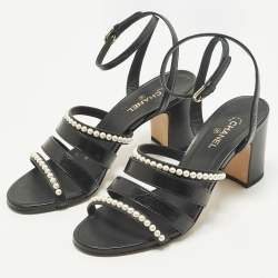 مملوكة مسبقًا Chanel Size 37.5 Black Leather Pearl Embellished Ankle Strap Sandals