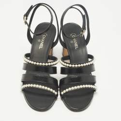 مملوكة مسبقًا Chanel Size 37.5 Black Leather Pearl Embellished Ankle Strap Sandals