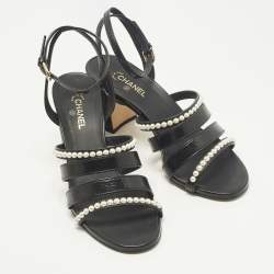 مملوكة مسبقًا Chanel Size 37.5 Black Leather Pearl Embellished Ankle Strap Sandals
