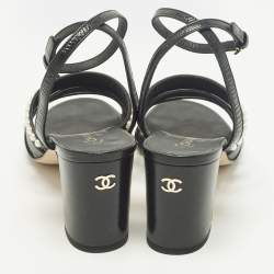 مملوكة مسبقًا Chanel Size 37.5 Black Leather Pearl Embellished Ankle Strap Sandals