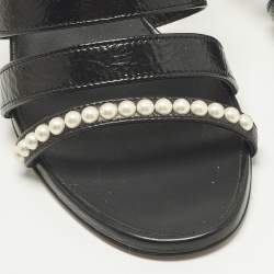 مملوكة مسبقًا Chanel Size 37.5 Black Leather Pearl Embellished Ankle Strap Sandals