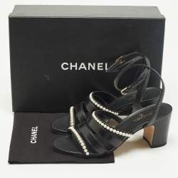 مملوكة مسبقًا Chanel Size 37.5 Black Leather Pearl Embellished Ankle Strap Sandals