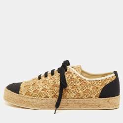Pre Owned Chanel CC Size 39 Beige Fabric and Raffia Lace Up Espadrilles Sneakers