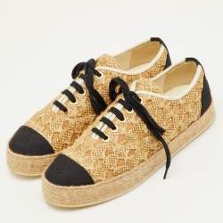 Pre Owned Chanel CC Size 39 Beige Fabric and Raffia Lace Up Espadrilles Sneakers