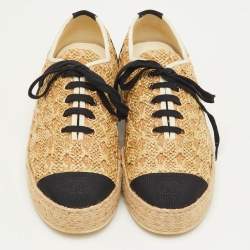 Pre Owned Chanel CC Size 39 Beige Fabric and Raffia Lace Up Espadrilles Sneakers