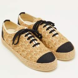 Pre Owned Chanel CC Size 39 Beige Fabric and Raffia Lace Up Espadrilles Sneakers