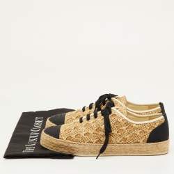 Pre Owned Chanel CC Size 39 Beige Fabric and Raffia Lace Up Espadrilles Sneakers