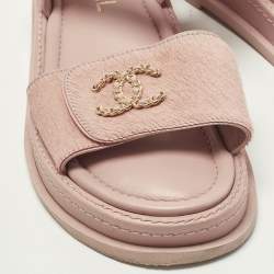 Pre Owned Chanel Dad Size 37.5 Pink Calf Hair Ankle Strap Flat Sandals