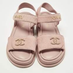 Pre Owned Chanel Dad Size 37.5 Pink Calf Hair Ankle Strap Flat Sandals