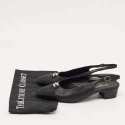 Pre Owned حذاء كعب عالٍ شانيل غطاء مقدمة CC قماش وأسود جلد وحزام خلفي مقاس 41