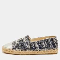 Pre Owned Chanel CC Size 39 Navy Blue/Silver Metallic Leather and Tweed Espadrille Flats
