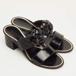 مملوكة مسبقًا Chanel Size 40 Black Leather CC Camellia Block Heel Slide Sandals
