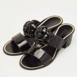 مملوكة مسبقًا Chanel Size 40 Black Leather CC Camellia Block Heel Slide Sandals