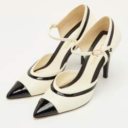 مملوكة مسبقًا حذاء كعب عالي شانيل جلد وبراءات أبيض/أسود مقدمة مدببة حزام عند الكاحل مقاس 40