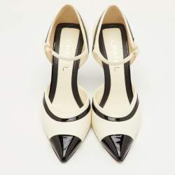 مملوكة مسبقًا حذاء كعب عالي شانيل جلد وبراءات أبيض/أسود مقدمة مدببة حزام عند الكاحل مقاس 40