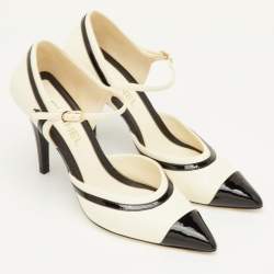 مملوكة مسبقًا حذاء كعب عالي شانيل جلد وبراءات أبيض/أسود مقدمة مدببة حزام عند الكاحل مقاس 40