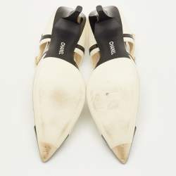 مملوكة مسبقًا حذاء كعب عالي شانيل جلد وبراءات أبيض/أسود مقدمة مدببة حزام عند الكاحل مقاس 40