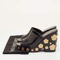 Pre Owned Chanel Camelia Embellished Size 40 Black Leather Platform Wedge Sandals