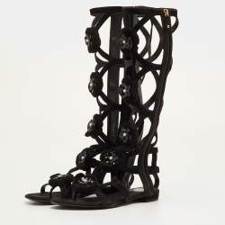 Pre Owned Chanel CC Camellia Size 38.5 Black Suede Gladiator Flat Sandals