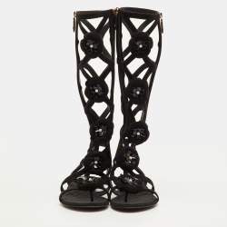 Pre Owned Chanel CC Camellia Size 38.5 Black Suede Gladiator Flat Sandals