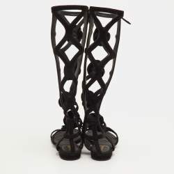 Pre Owned Chanel CC Camellia Size 38.5 Black Suede Gladiator Flat Sandals