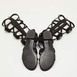 Pre Owned Chanel CC Camellia Size 38.5 Black Suede Gladiator Flat Sandals