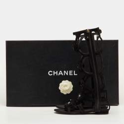 Pre Owned Chanel CC Camellia Size 38.5 Black Suede Gladiator Flat Sandals