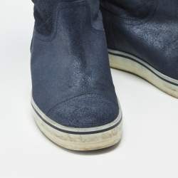 Pre Owned Chanel Shimmer Size 36 Navy Blue Suede Mid Calf Boots