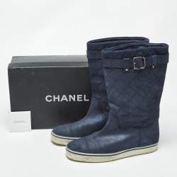 Pre Owned Chanel Shimmer Size 36 Navy Blue Suede Mid Calf Boots