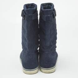 Pre Owned Chanel Shimmer Size 36 Navy Blue Suede Mid Calf Boots