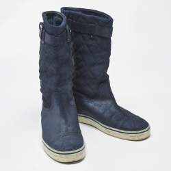 Pre Owned Chanel Shimmer Size 36 Navy Blue Suede Mid Calf Boots