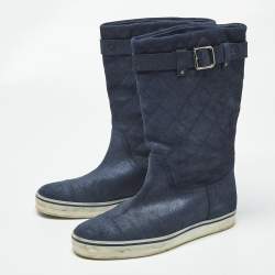 Pre Owned Chanel Shimmer Size 36 Navy Blue Suede Mid Calf Boots