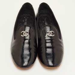 Pre Owned Chanel CC Size 40.5 Black Patent Leather Slip On Smoking Slippers
