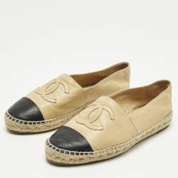 Pre Owned Chanel CC Size 39 Beige/Black Leather Espadrille Flats