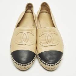 Pre Owned Chanel CC Size 39 Beige/Black Leather Espadrille Flats
