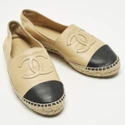 Pre Owned Chanel CC Size 39 Beige/Black Leather Espadrille Flats