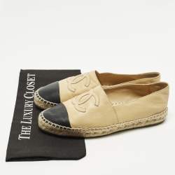 Pre Owned Chanel CC Size 39 Beige/Black Leather Espadrille Flats