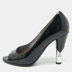 Pre Owned Chanel CC logo Size 36 Black Patent Leather Open Toe Pumps