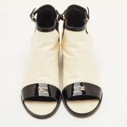 Pre Owned Chanel Interlocking CC Logo Size 40.5 Cream/Black Patent Leather Ankle Strap Sandals