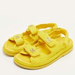 Pre Owned Chanel Dad Size 37.5 Yellow Fabric CC Ankle Strap Flat Sandals
