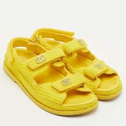 Pre Owned Chanel Dad Size 37.5 Yellow Fabric CC Ankle Strap Flat Sandals