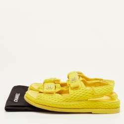 Pre Owned Chanel Dad Size 37.5 Yellow Fabric CC Ankle Strap Flat Sandals