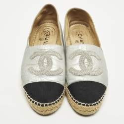 Pre Owned Chanel CC Size 40 Silver/Black Canvas and Leather Cap Toe Espadrille Flats