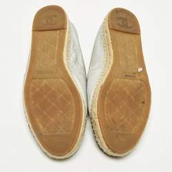 Pre Owned Chanel CC Size 40 Silver/Black Canvas and Leather Cap Toe Espadrille Flats