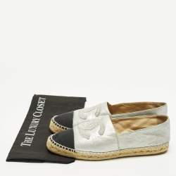 Pre Owned Chanel CC Size 40 Silver/Black Canvas and Leather Cap Toe Espadrille Flats