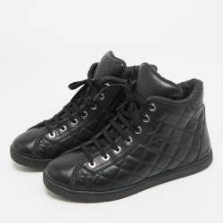 Pre Owned Chanel Size 35.5 Black Leather Lace Up Sneakers