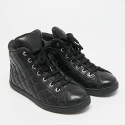 Pre Owned Chanel Size 35.5 Black Leather Lace Up Sneakers